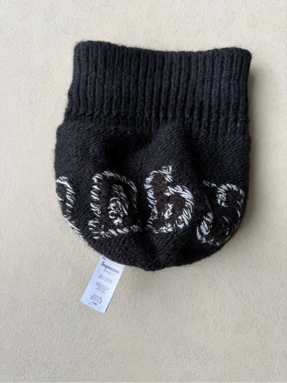 Supreme Black Knit Kids Beanie with White Logo Stitching fits small